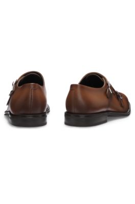 Leather double-monk shoes with cap toe, Brown