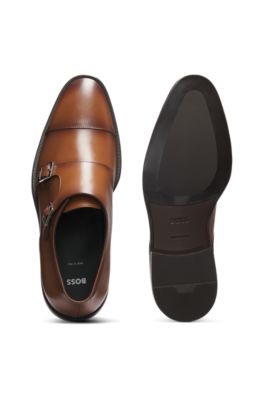 Leather double-monk shoes with cap toe, Brown