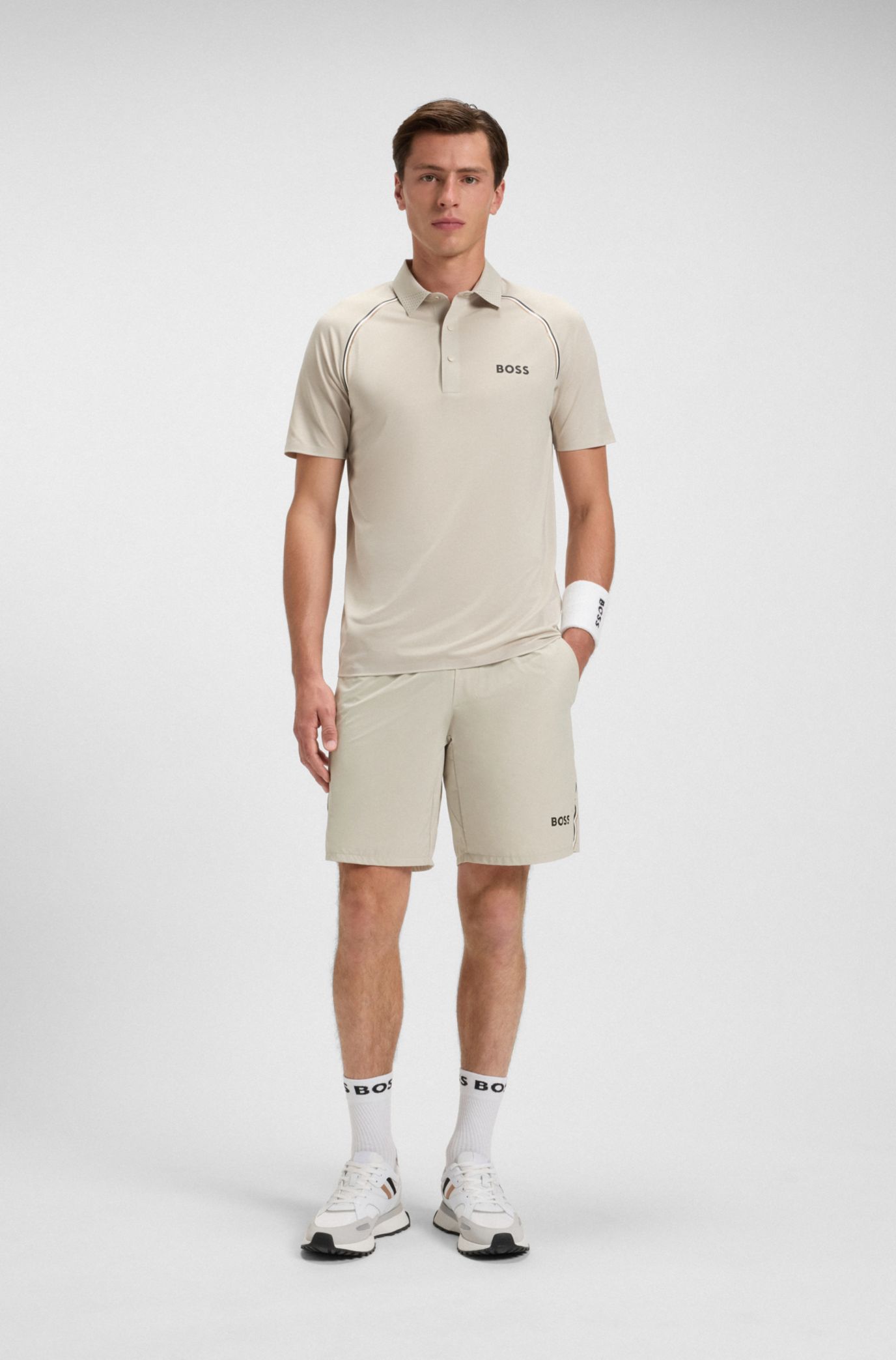 BOSS - Active tennis shorts with moisture management - Light Beige