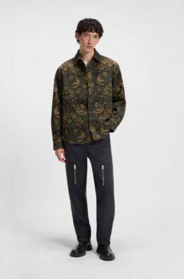 Pantalones relaxed fit de algod&oacute;n mercerizado con motivo de espiga, Negro