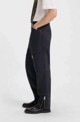 Pantalon Relaxed en coton merceris&eacute; &agrave; chevrons, Noir