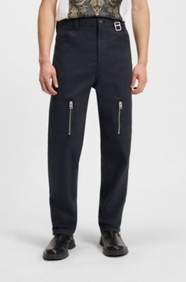 Pantalon Relaxed en coton merceris&eacute; &agrave; chevrons, Noir