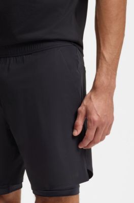 Shorts deportivos de doble capa en tejido de secado r&aacute;pido, Azul oscuro