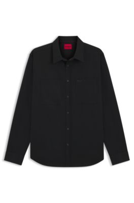 Camisa relaxed fit en sarga suave con cuello Kent, Negro