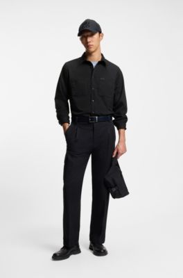 Camisa relaxed fit en sarga suave con cuello Kent, Negro