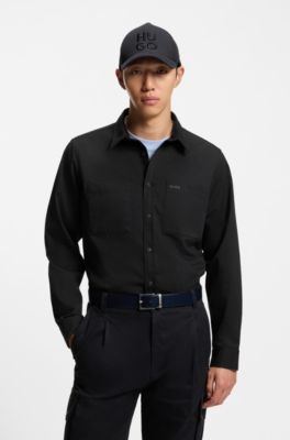 Camisa relaxed fit en sarga suave con cuello Kent, Negro