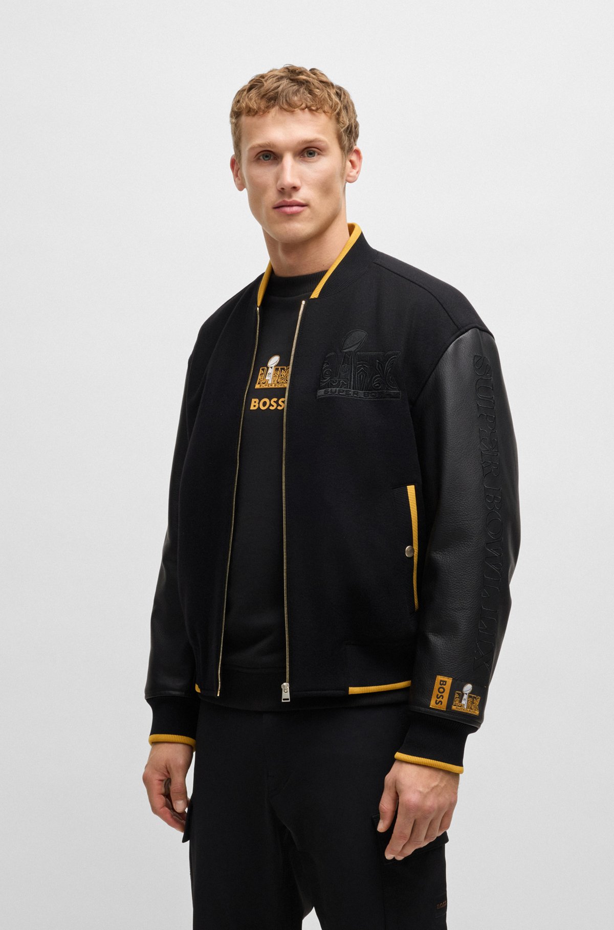 BOSS - BOSS x NFL wool jacket with leather sleeves - Black BOSS - BOSS x NFL wool jacket with leather sleeves - Black