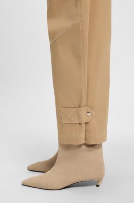 Pantalones de pernera globo en sarga de algod&oacute;n el&aacute;stico con tacto de papel, Marr&oacute;n