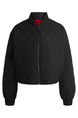 Quilted bomber jacket with ribbon zip-puller, Black