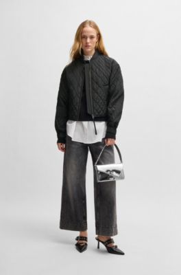 Quilted bomber jacket with ribbon zip-puller, Black