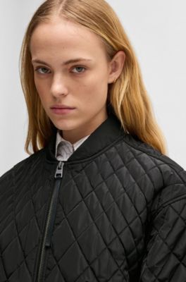 Quilted bomber jacket with ribbon zip-puller, Black