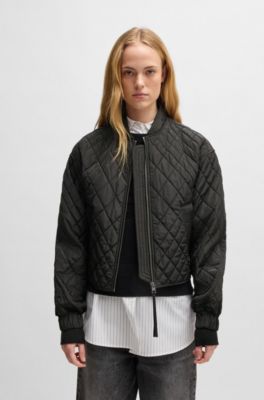 Quilted bomber jacket with ribbon zip-puller, Black