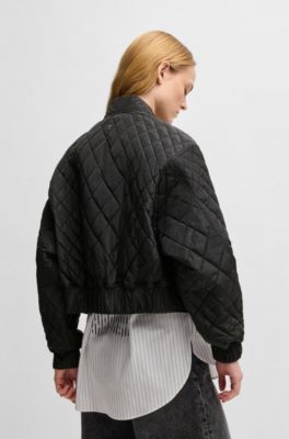 Quilted bomber jacket with ribbon zip-puller, Black