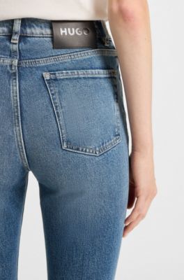 Flared-leg skinny-fit jeans in blue stretch denim, Turquesa