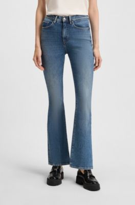 Jeans skinny fit de pernera acampanada en denim el&aacute;stico azul, Turquesa