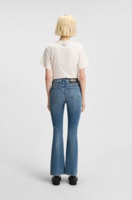 Jeans skinny fit de pernera acampanada en denim el&aacute;stico azul, Turquesa