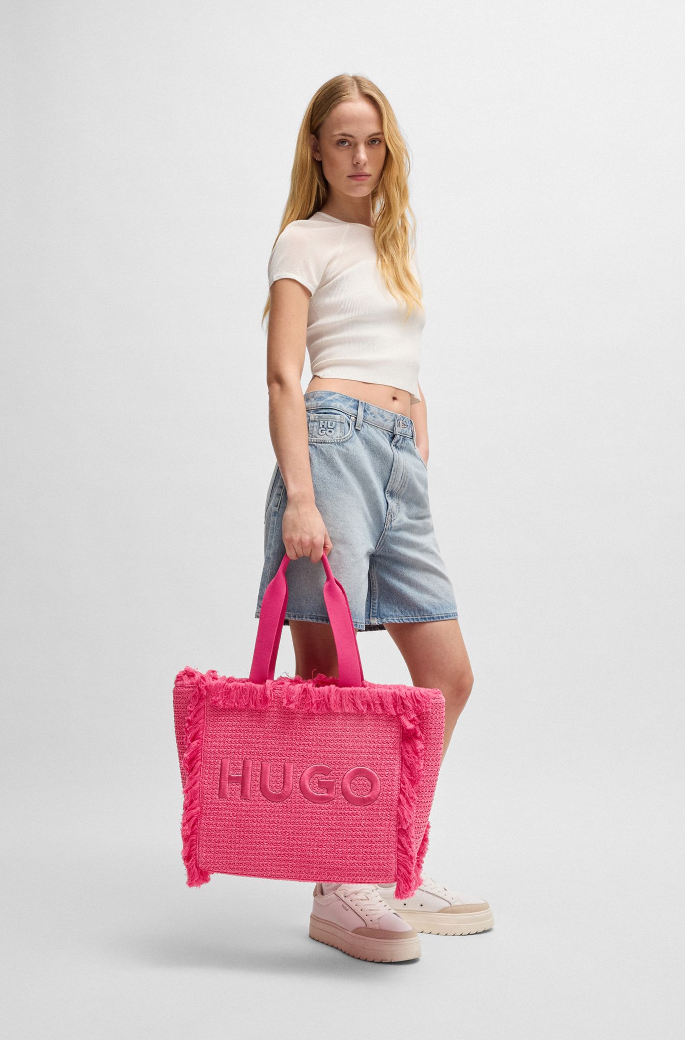 HUGO - Logo-embroidered raffia-effect tote bag with fringe
