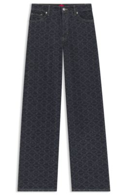 Jean tr&egrave;s large en denim &agrave; monogramme imprim&eacute; au laser, Bleu fonc&eacute;
