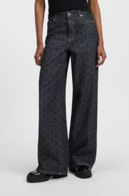 Super-wide-leg jeans in geometric-print denim, Dark Blue