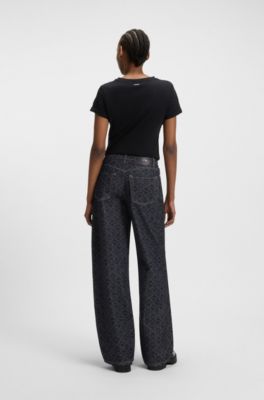 Jeans de pernera superancha en denim con monograma estampado a l&aacute;ser, Azul oscuro