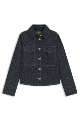 Geometric-print jacket in rigid denim, Dark Blue