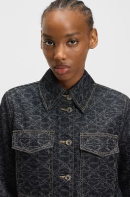 Veste en denim rigide &agrave; monogramme imprim&eacute; au laser, Bleu fonc&eacute;