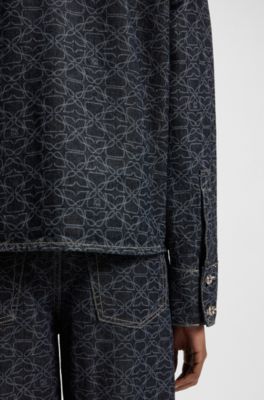 Geometric-print jacket in rigid denim, Dark Blue