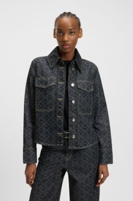 Cazadora de denim r&iacute;gido con monograma estampado a l&aacute;ser, Azul oscuro