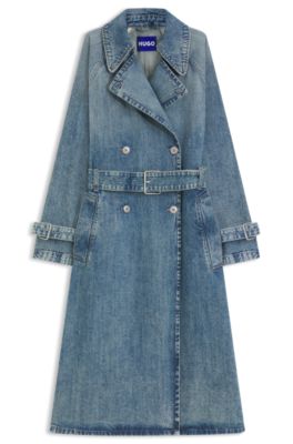 Double-breasted trench coat in blue denim, Blue