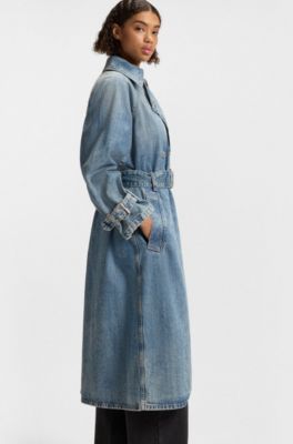 Trench long en denim bleu, Bleu