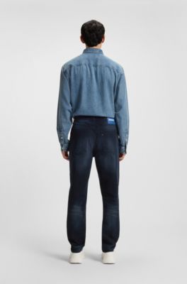 Blue-black tapered-fit jeans in stretch denim, Dark Blue