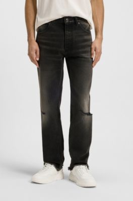 Grey regular-fit jeans in distressed denim, Dark Grey