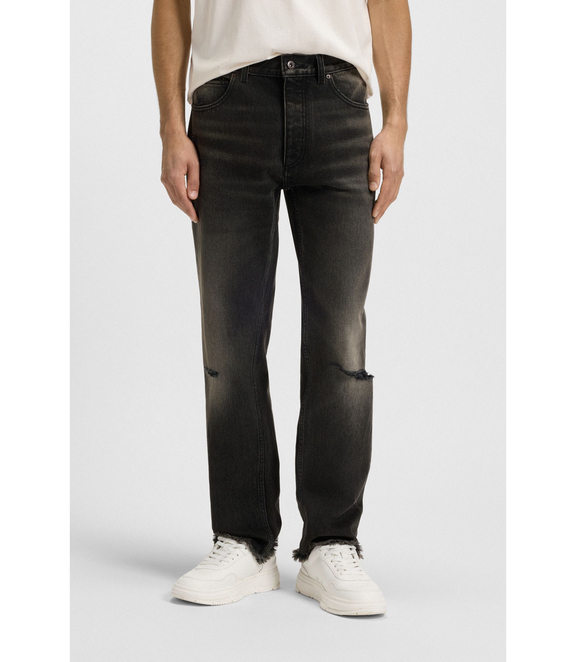 HUGO - Grey regular-fit jeans in distressed denim - Dark Grey