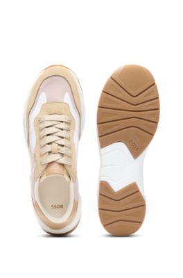 Running-inspired trainers with suede and mesh, Beige