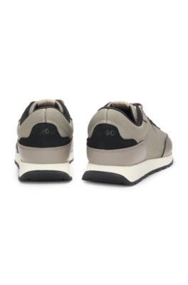 Knit-effect trainers with faux-leather trims, Light Brown