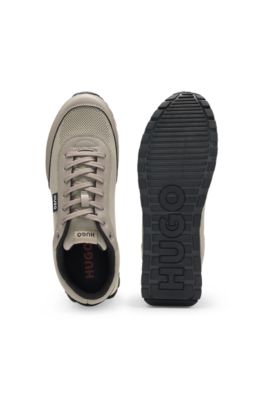 Knit-effect trainers with faux-leather trims, Light Brown