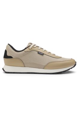 Knit-effect trainers with faux-leather trims, Light Beige