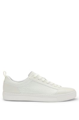 Faux-leather trainers with tonal monograms, White