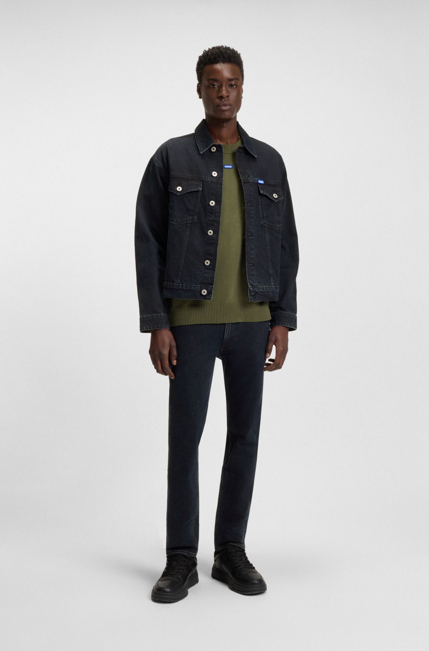 HUGO - Blue-black regular-fit jacket in rigid denim - Dark Blue