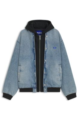 Cazadora bomber en denim con panel de punto con capucha, Turquesa