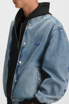 Denim bomber jacket with jersey layer, Turquoise