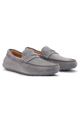 Portuguese-crafted moccasin loafers in suede with penny trim