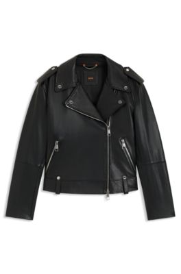 Chaqueta biker de piel granulada con cremalleras y tachuelas, Negro