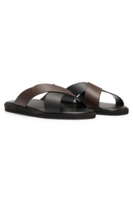 Faux-leather slides with two-tone straps, Black