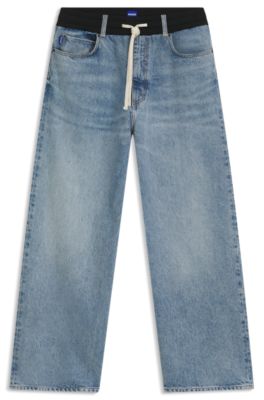 Blue oversized-fit jeans with jersey waistband, Turquoise