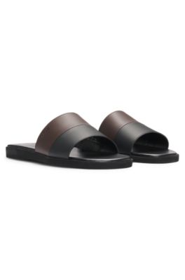 Faux-leather slides with two-tone strap, Black