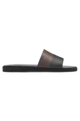 Faux-leather slides with two-tone strap, Black