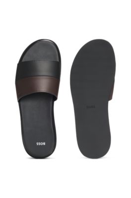 Faux-leather slides with two-tone strap, Black