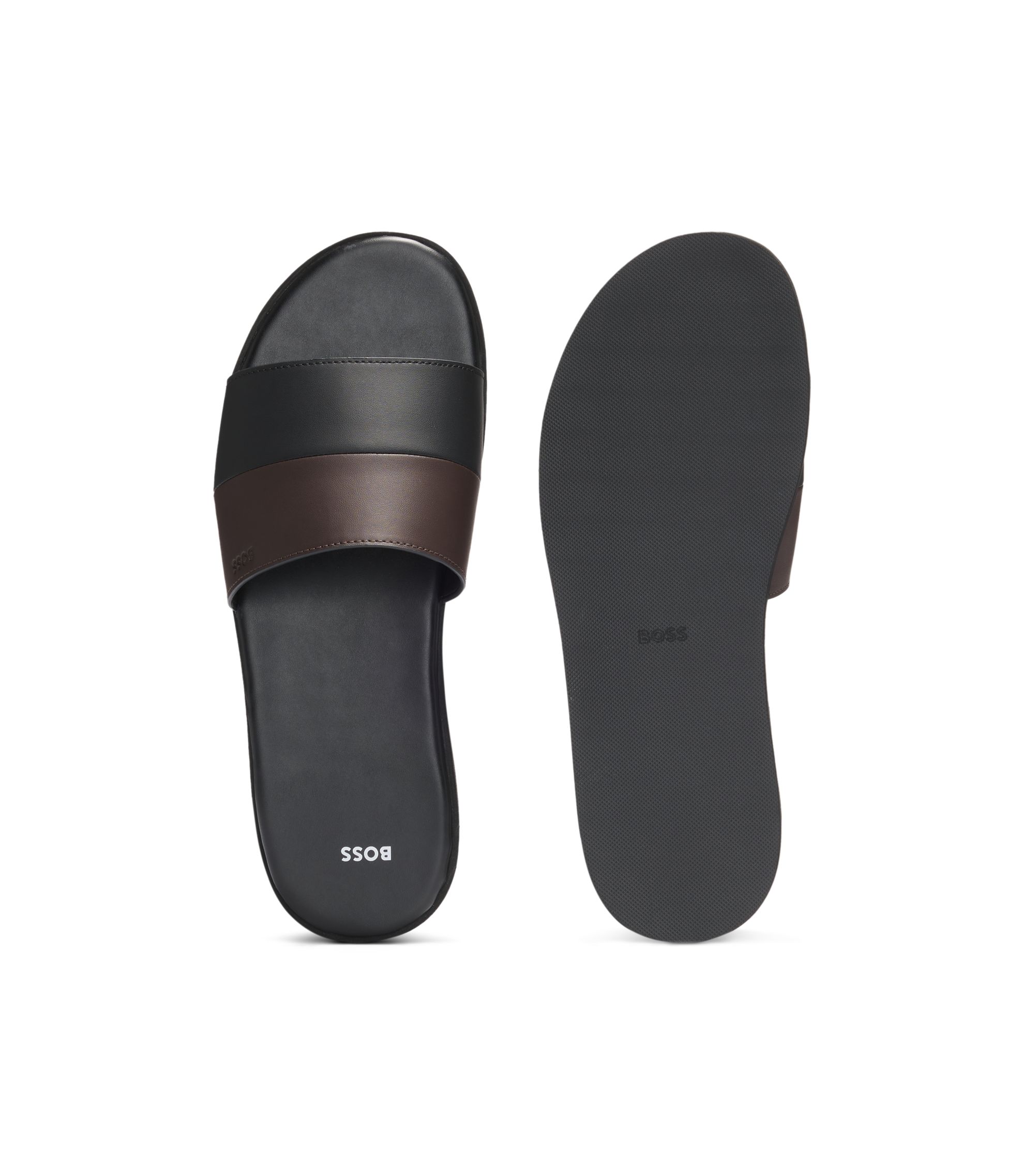 BOSS - Faux-leather slides with two-tone strap - Black