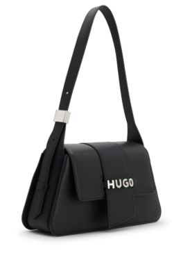 Logo-closure shoulder bag in faux leather, Black